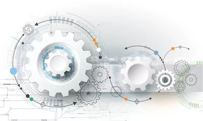 Fototapeta Ilustracja wektorowa koło zębate, sześciokąty i płytka drukowana, zaawansowana technologia cyfrowa i inżynieria, koncepcja technologii cyfrowej telekomunikacji. Streszczenie futurystyczny na jasnoniebieskim tle