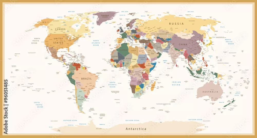 Fototapeta Bardzo szczegółowe kolory Vintage polityczna mapa świata