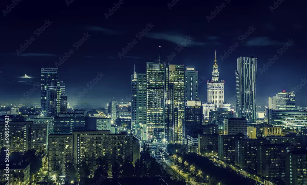 Obraz Warszawa nocą w centrum miasta