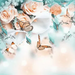 Fototapeta Bukiet dla panny młodej żółtych róż i białych lilii Calla, motyla.