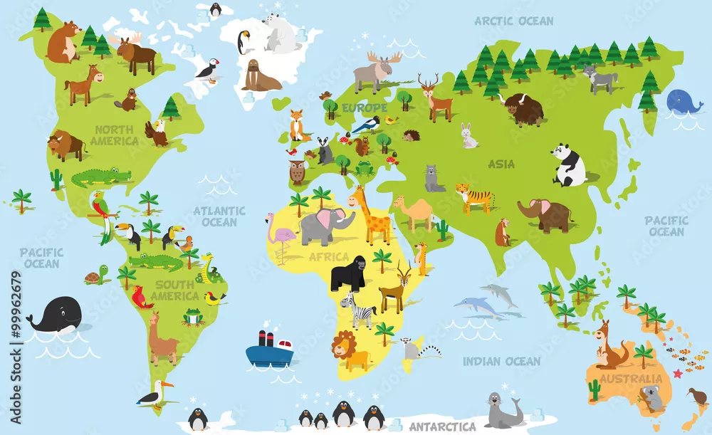 Obraz mapa świata dla dzieci ze zwierzątkami