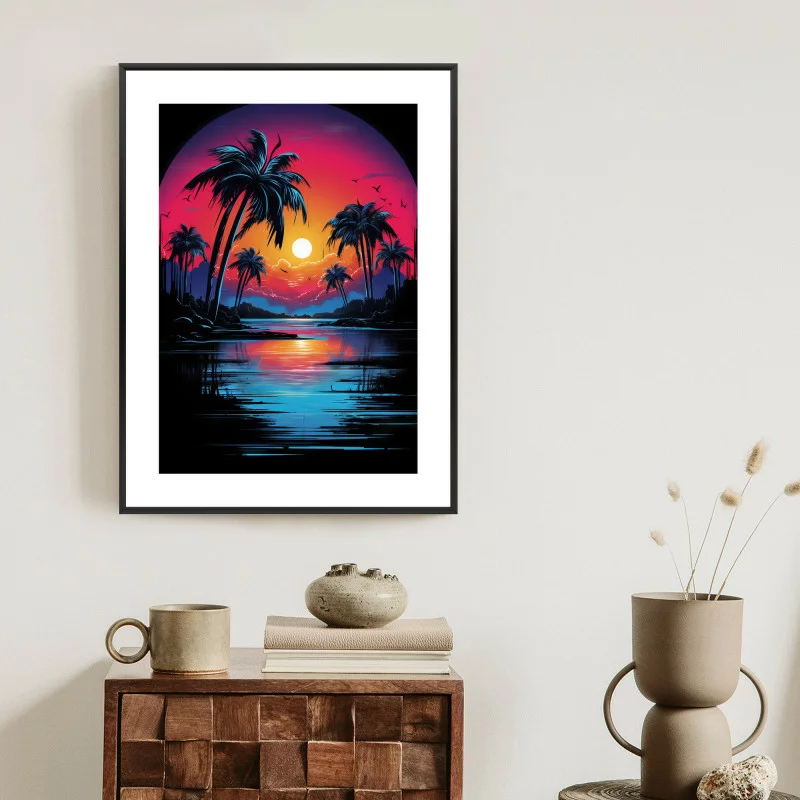 Plakat w ramie - zachód słońca i palmy - obrazek 1