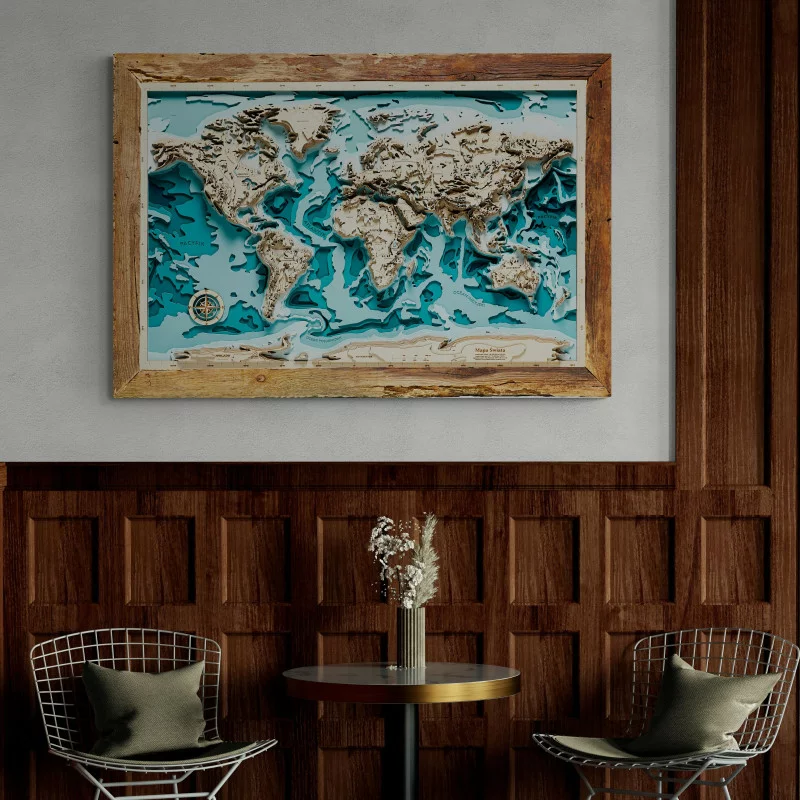 Drewniana Mapa Świata w ramie - świat gór i oceanów - obrazek 1