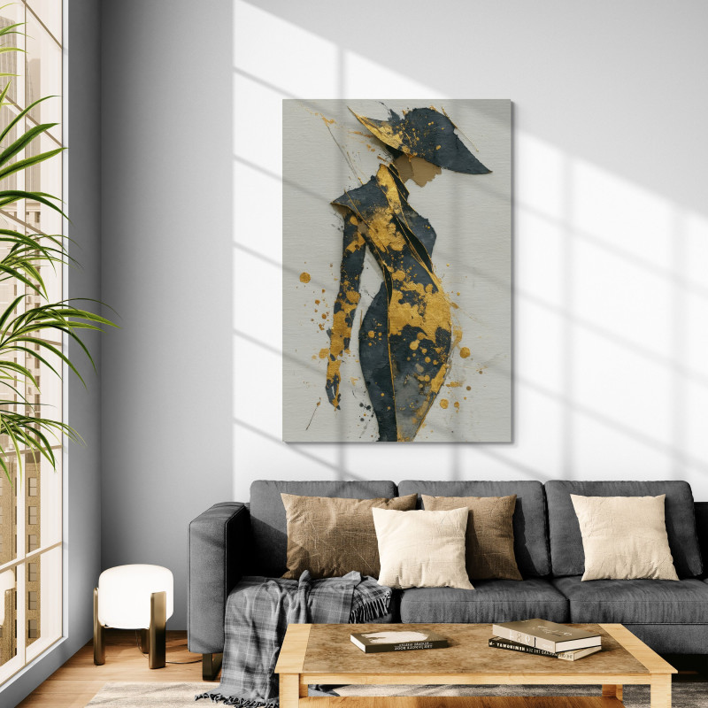 Nowoczesny obraz kobiety w czerni i złocie &ndash; sylwetka w stylu abstrakcyjnym