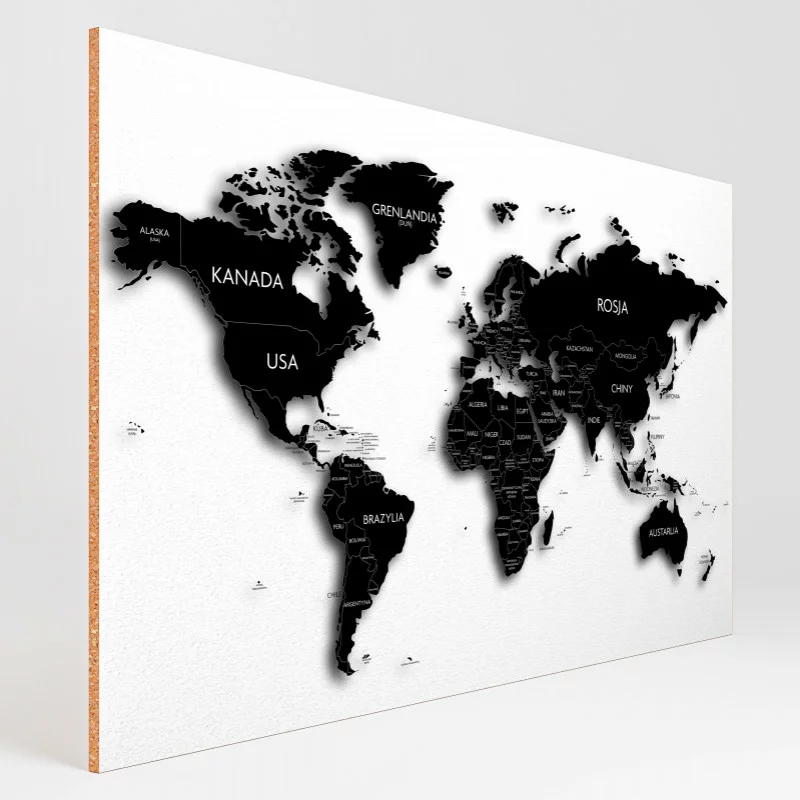 Obraz na korku 10mm - czarno-biała mapa świata