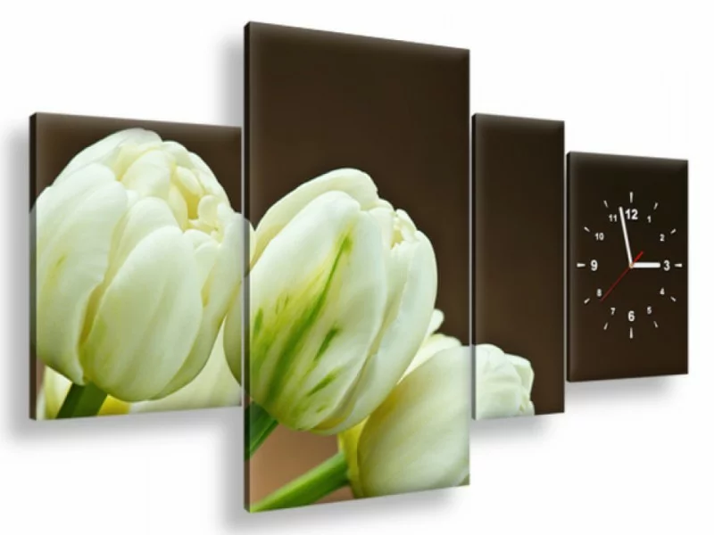 Obraz z zegarem - białe tulipany - obrazek 1