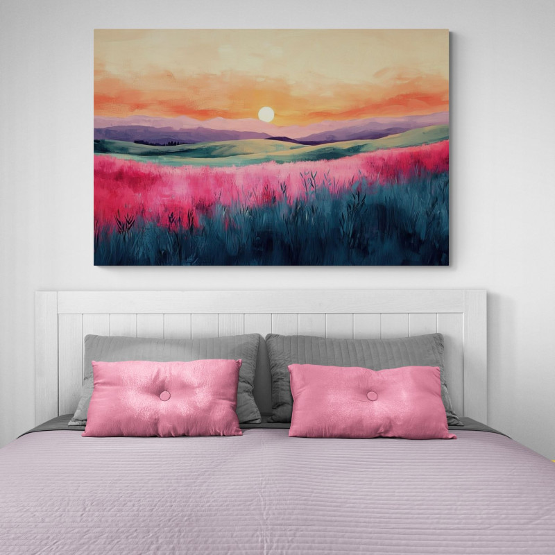 Obraz zach&oacute;d słońca nad malowniczymi wzg&oacute;rzami