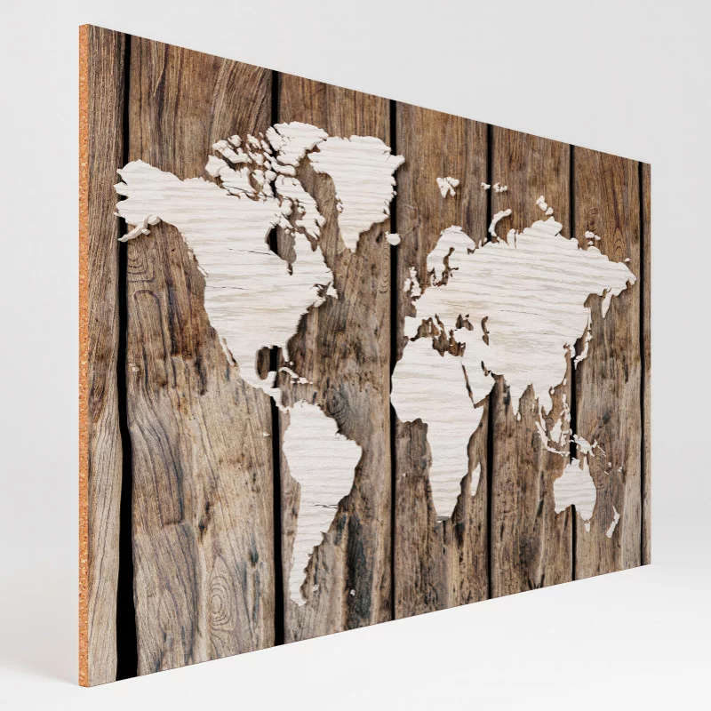 Obraz na korku 10mm - mapa świata na drewnie