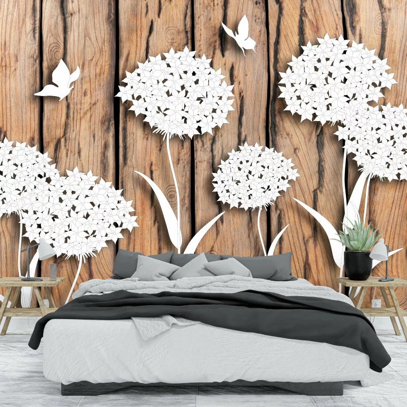 Fototapeta do sypialni - białe kwiaty na deskach - obrazek 1