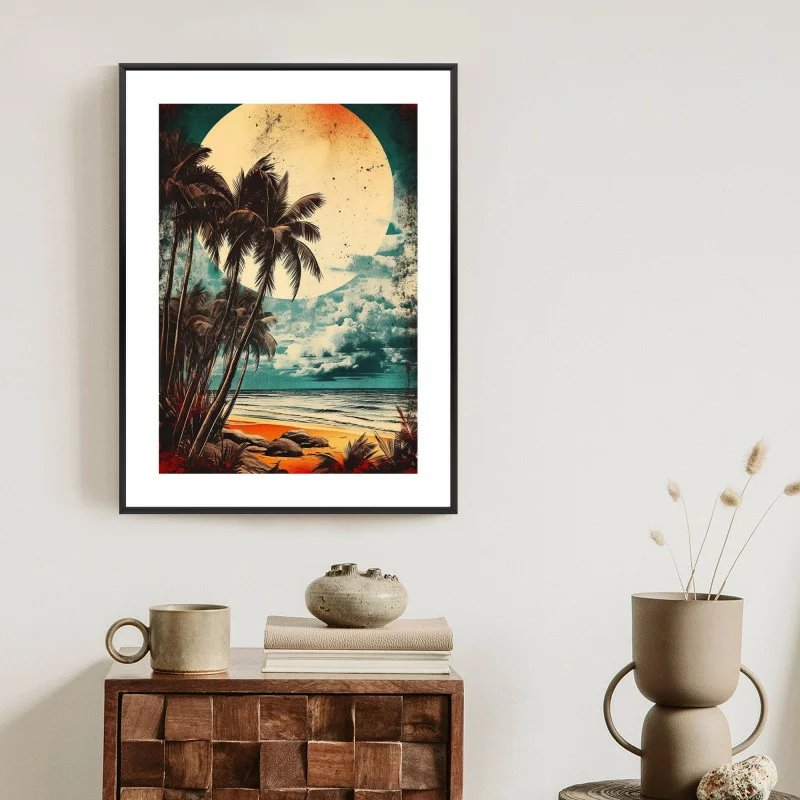 Plakat w ramie - tropikalna plaża słońce i palmy vintage - obrazek 1