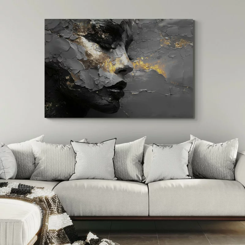 Obraz abstrakcyjny - portret twarzy z teksturą złota i pękniętej farby - obrazek 1