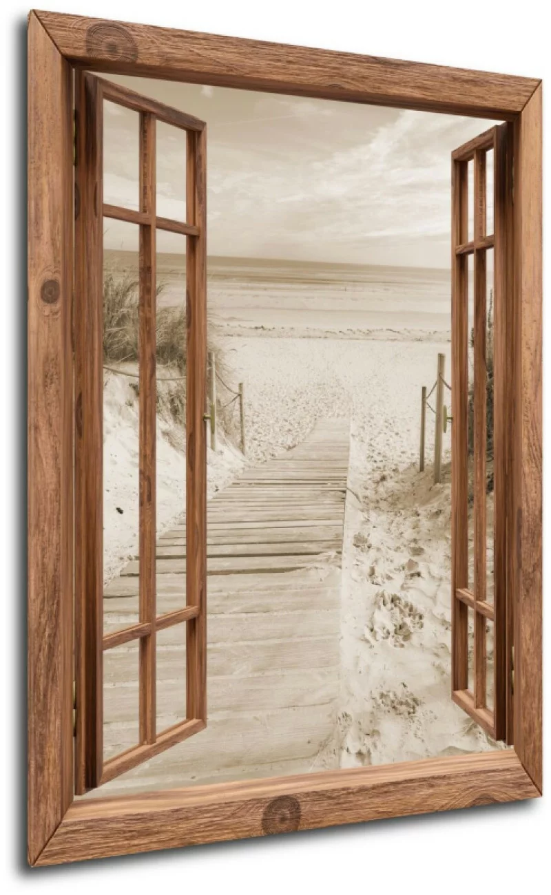 Obraz pionowy okno - plaża w sepii - obrazek 1