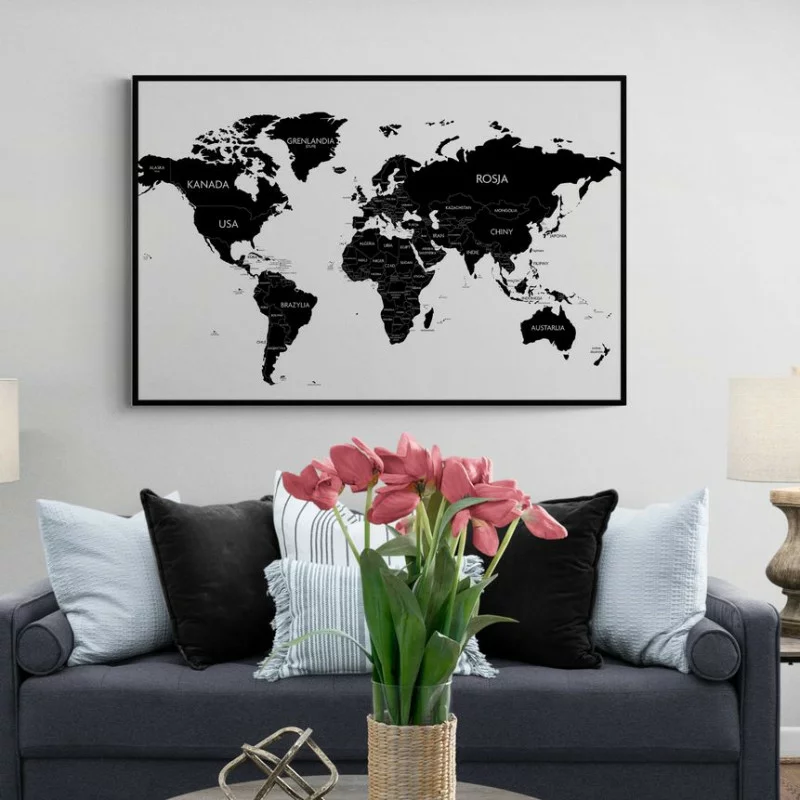 Obraz w czarnej ramie - mapa świata