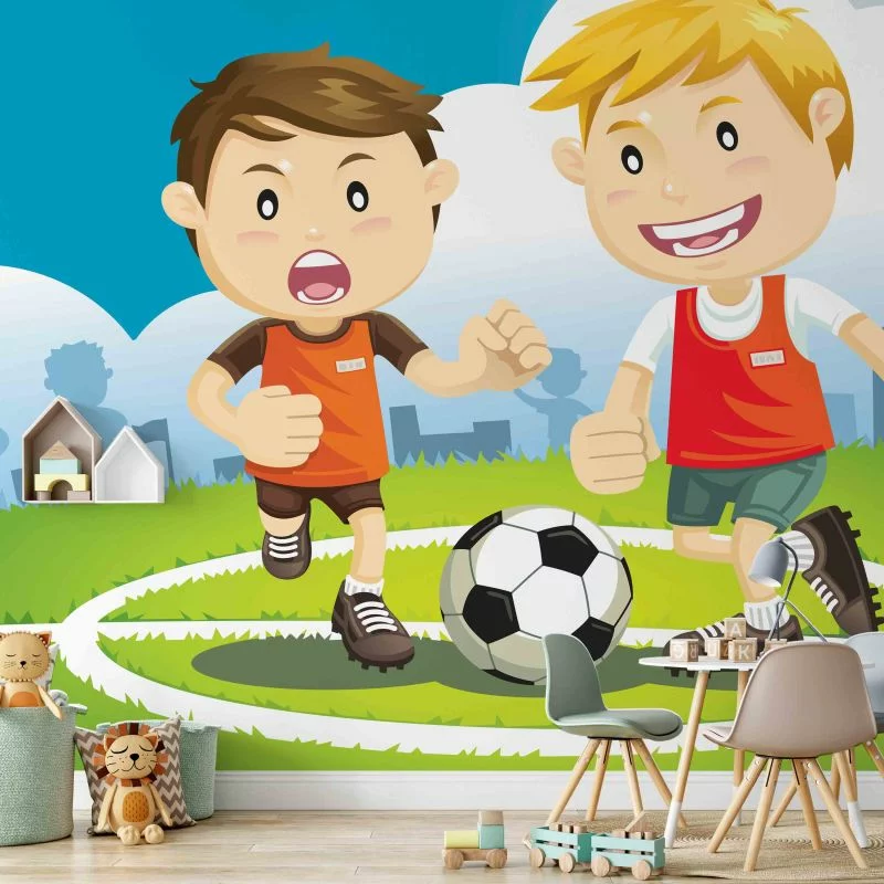 Fototapeta wodoodporna - Piłkarze - chłopcy grający w piłkę nożną na zielonym boisku dla dzieci - obrazek 1
