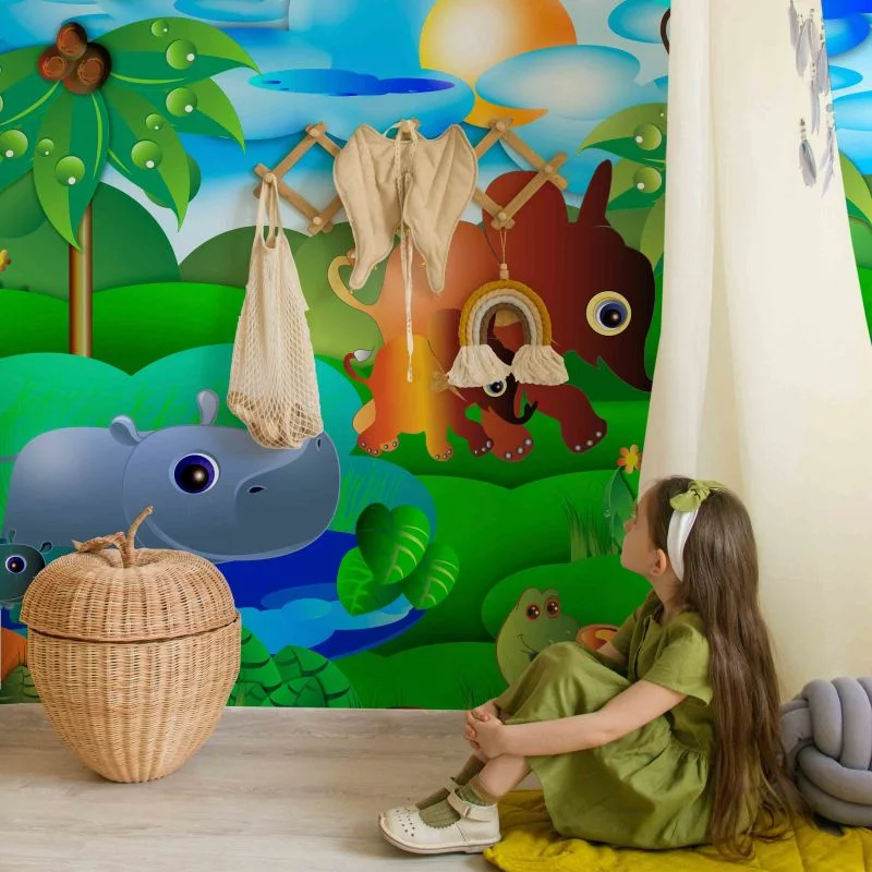 Fototapeta wodoodporna - Dzikie zwierzęta w dżungli - słoń małpa żółw z drzewami dla dzieci - obrazek 1