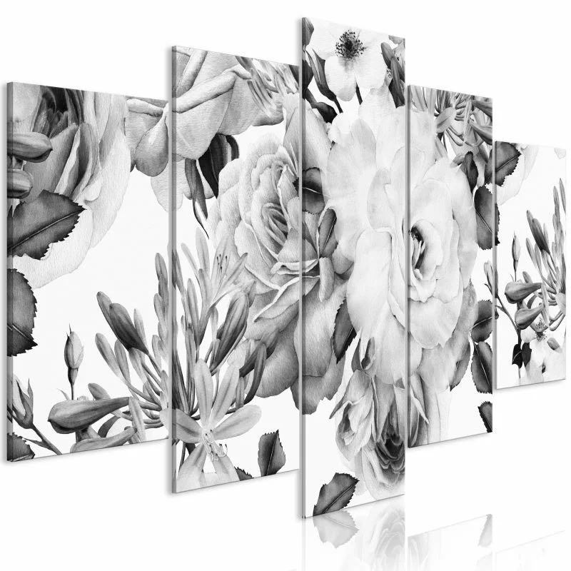 Obraz - Różana kompozycja (5-częściowy) szeroki czarno-biały - obrazek 1