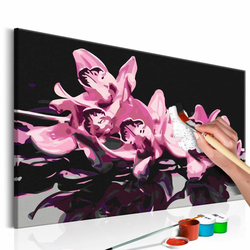 Obraz do samodzielnego malowania - Różowa orchidea (czarne tło) - obrazek 1