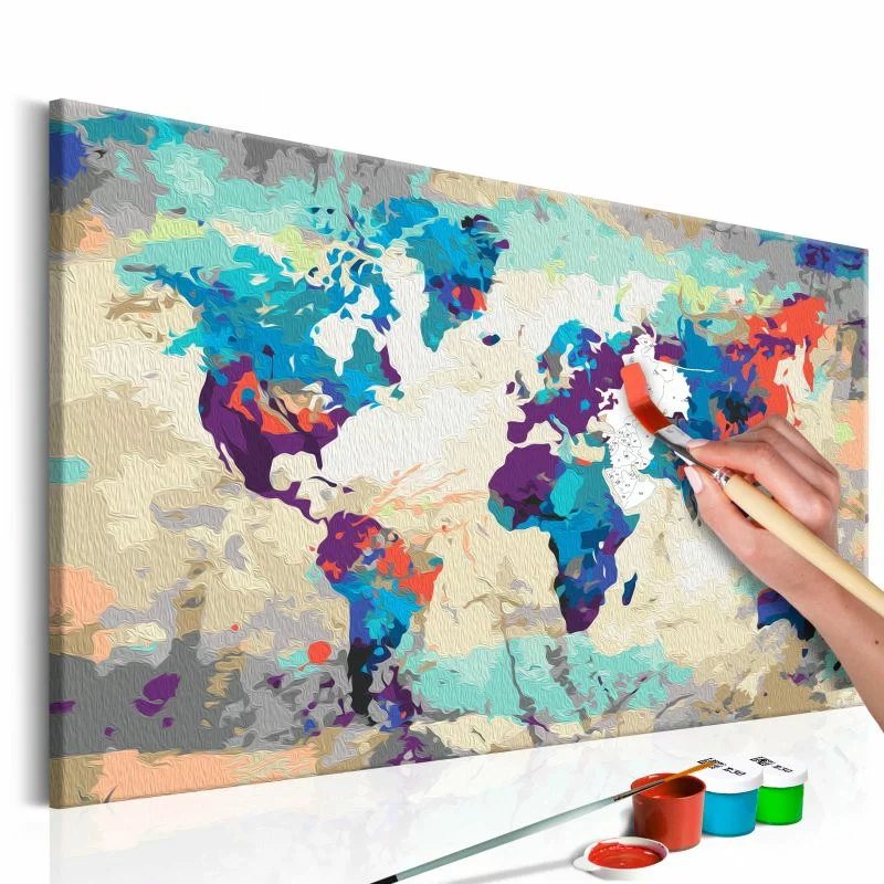 Obraz do samodzielnego malowania - Mapa świata (błękitno-czerwona) - obrazek 1