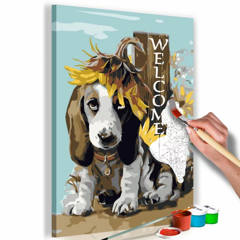 Obraz do samodzielnego malowania - Pies i słoneczniki - obrazek 1