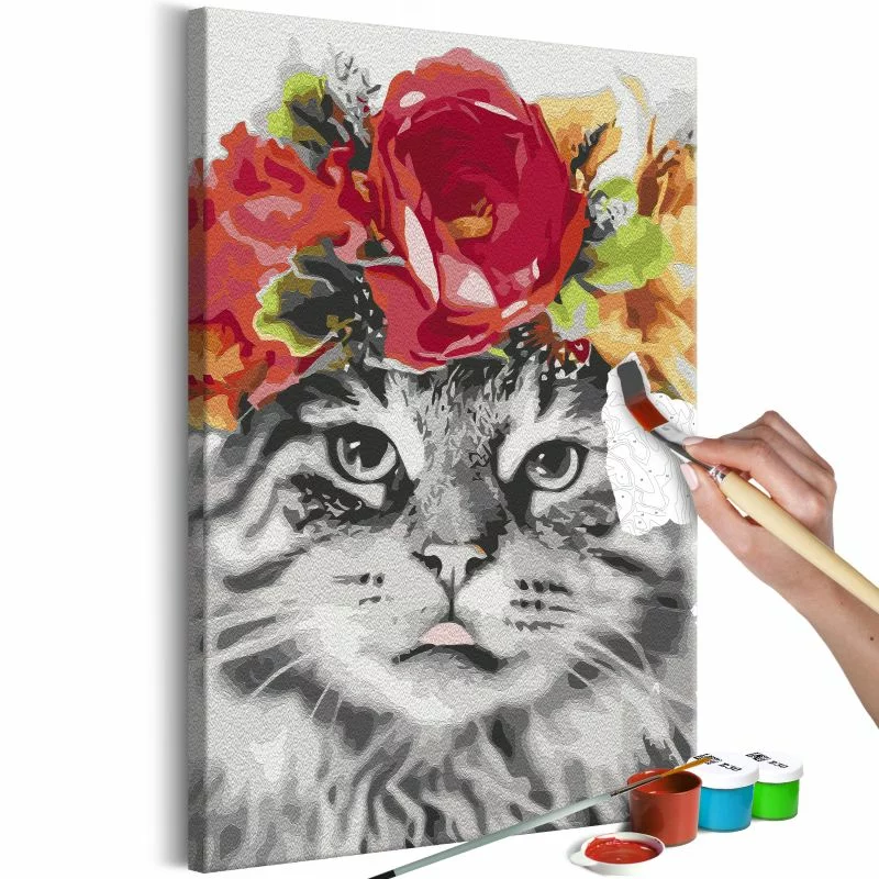 Obraz do samodzielnego malowania - Kot z kwiatami - obrazek 1