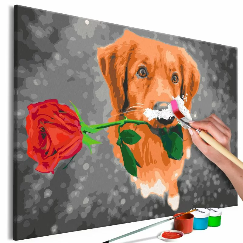 Obraz do samodzielnego malowania - Pies z różą - obrazek 1