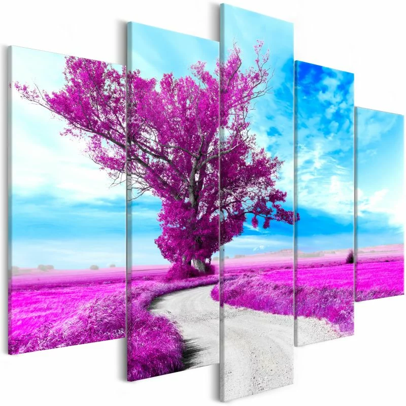 Obraz - Drzewo przy drodze (5-częsciowy) fioletowy