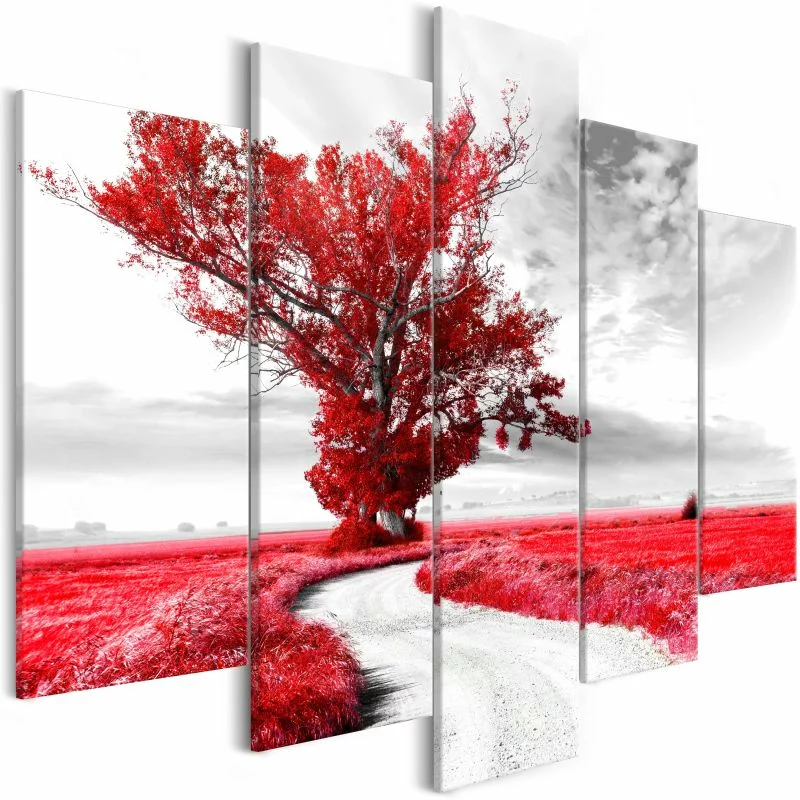 Obraz - Drzewo przy drodze (5-częsciowy) czerwony - obrazek 1