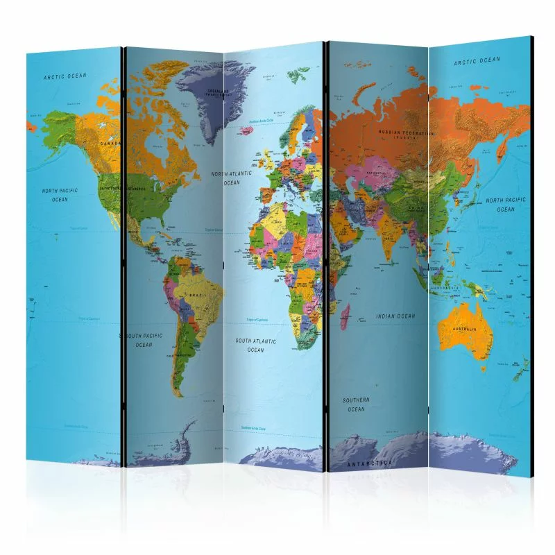 Parawan 5-częściowy - Kolorowa mapa świata - obrazek 1