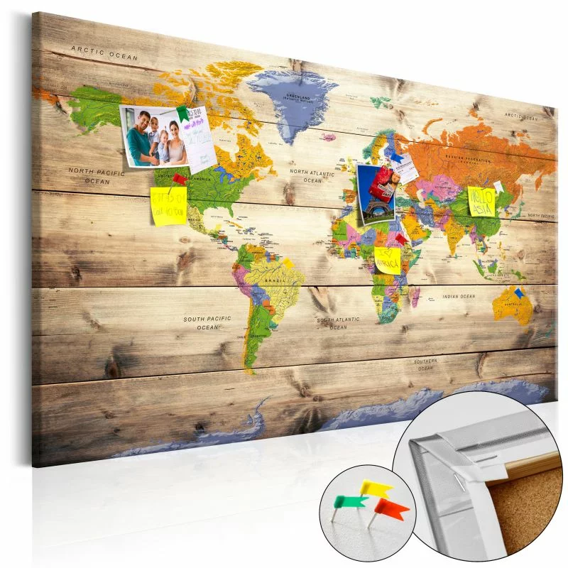 Obraz na korku - Mapa na drewnie: Kolorowe podróże [Mapa korkowa] - obrazek 1
