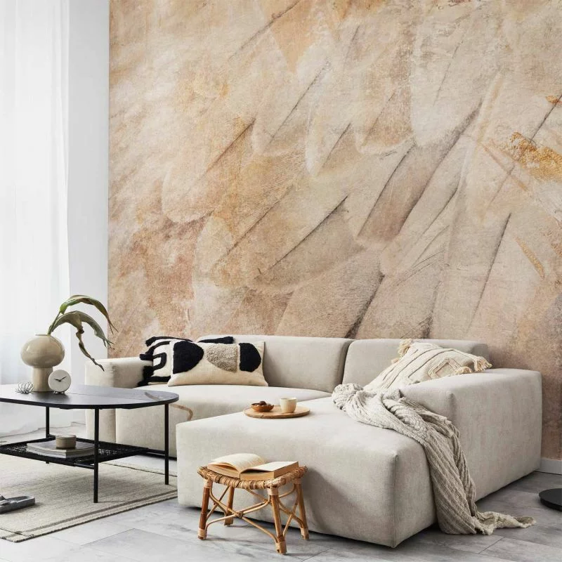 Fototapeta - Skrzydła ptaka - minimalistyczne zbliżenie na beżowe pióra z deseniem - obrazek 1