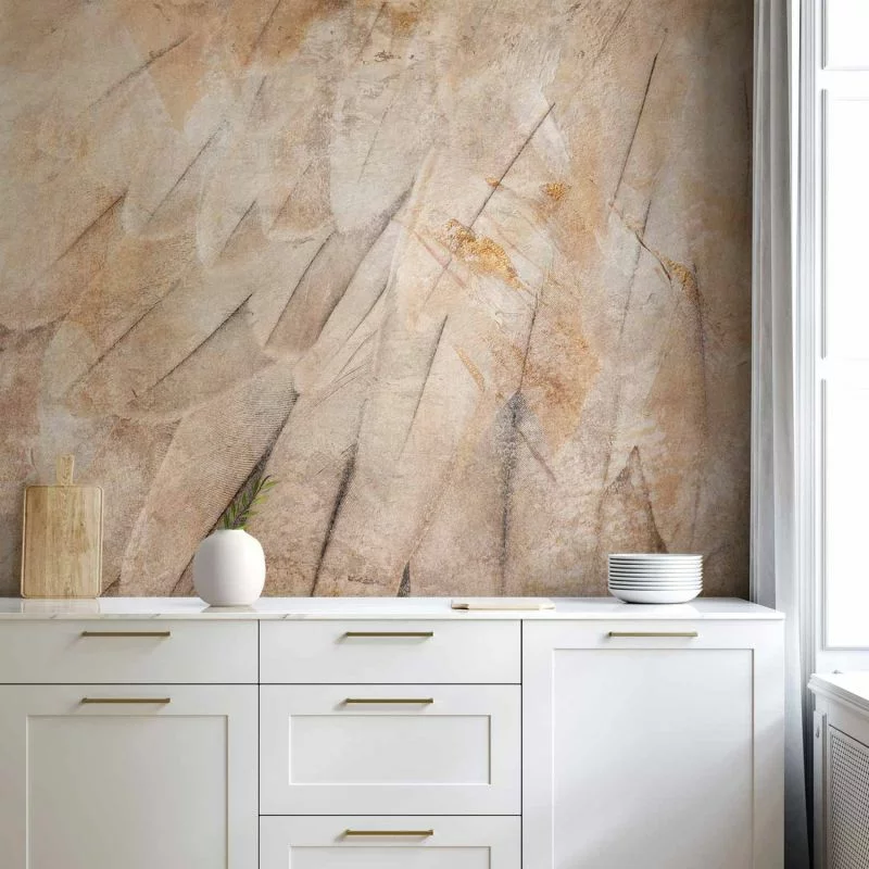 Fototapeta - Skrzydła ptaka - minimalistyczne zbliżenie na beżowe pióra z deseniem - obrazek 1