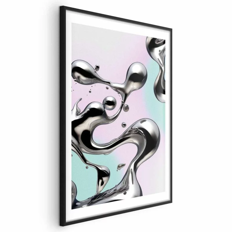 Plakat - Metaliczne Płynności - abstrakcyjne srebrne formy na miętowo-fioletowym tle - obrazek 1