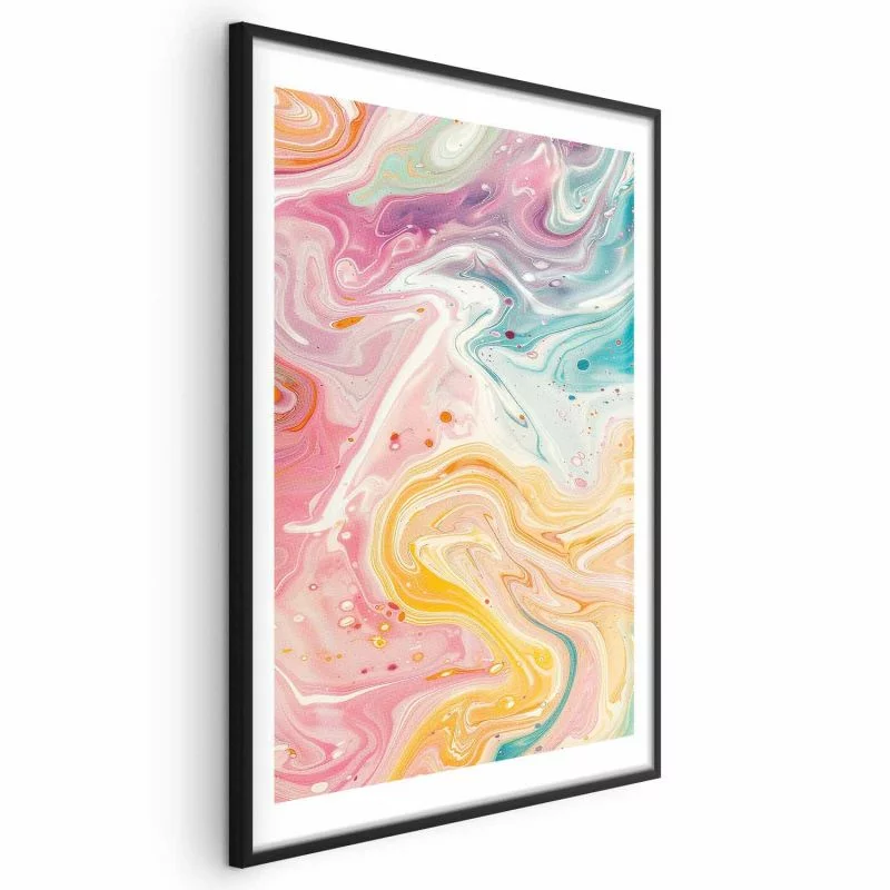 Plakat - Kolorowy Chaos - dynamiczne kształty w odcieniach różu żółci i błękitu - obrazek 1