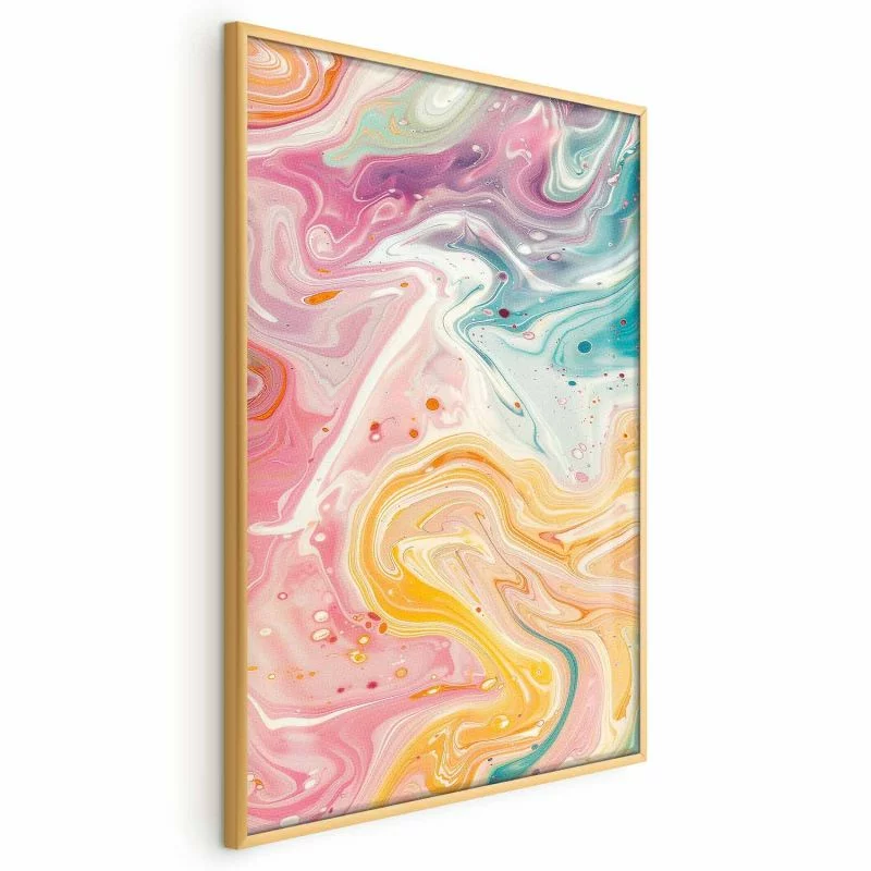 Plakat - Kolorowy Chaos - dynamiczne kształty w odcieniach różu żółci i błękitu - obrazek 1