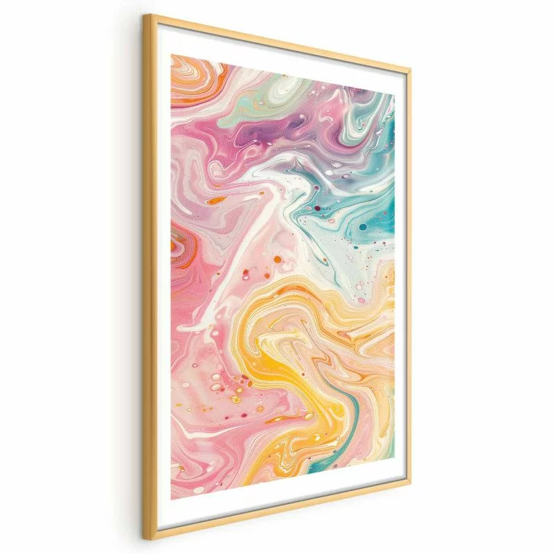 Plakat - Kolorowy Chaos - dynamiczne kształty w odcieniach różu żółci i błękitu - obrazek 1