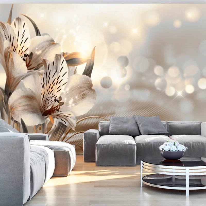 Fototapeta wodoodporna - Kremowy motyw - kwiaty lilii w porannym blasku na prążkowanym tle - obrazek 1