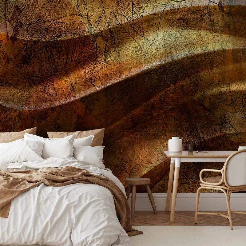 Fototapeta - Płynne złoto - abstrakcyjna falowana kompozycja z deseniami w liście - obrazek 1