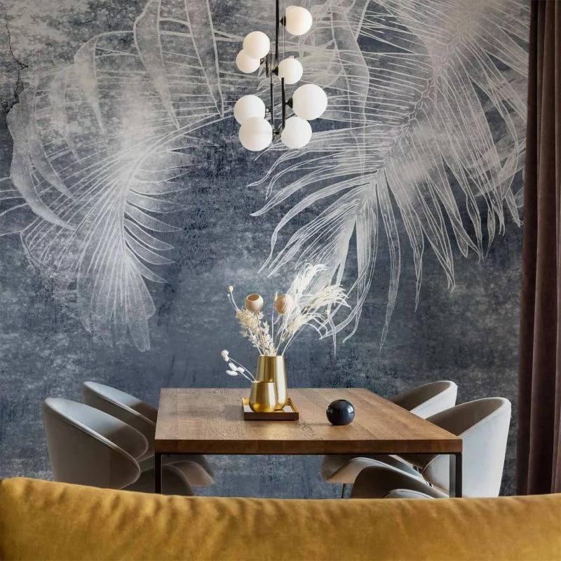 Fototapeta - Abstrakcja z naturą - egzotyczne liście na niebieskim tle z deseniem - obrazek 1