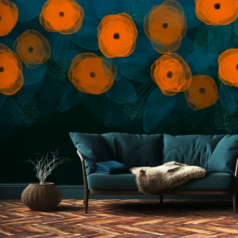Fototapeta wodoodporna - Akwarelowa kompozycja - pomarańczowe desenie na delikatnym tle z liści - obrazek 1