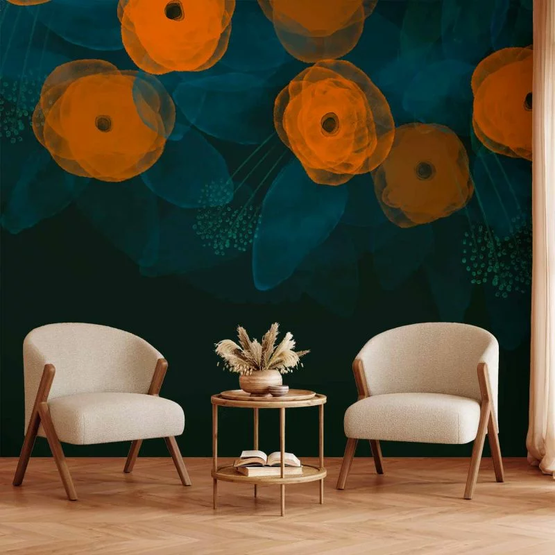 Fototapeta - Akwarelowa kompozycja - pomarańczowe desenie na delikatnym tle z liści - obrazek 1