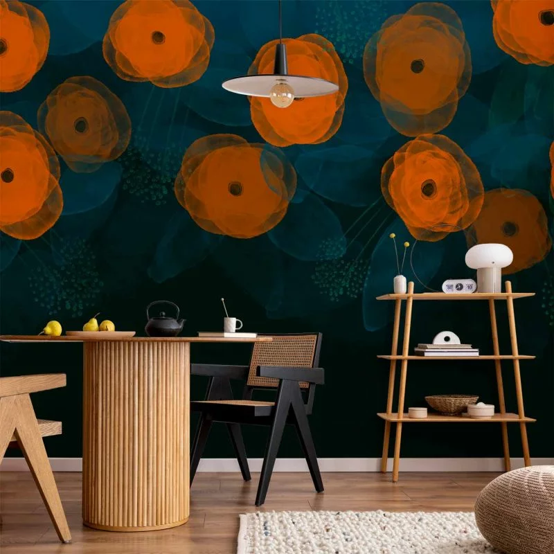 Fototapeta wodoodporna - Akwarelowa kompozycja - pomarańczowe desenie na delikatnym tle z liści - obrazek 1