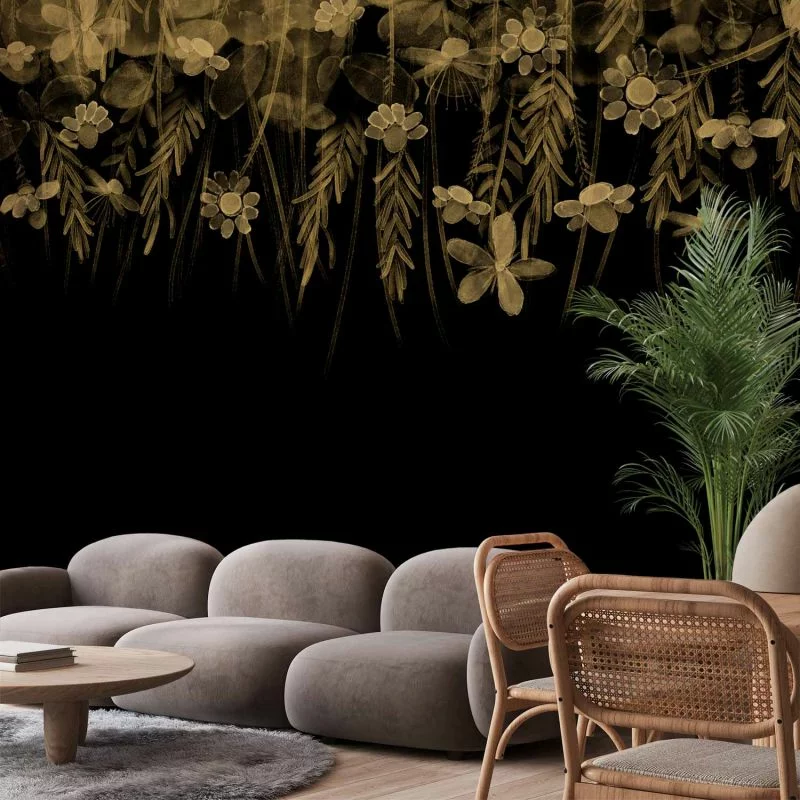 Fototapeta - Pejzaż natury - czarny abstrakcyjny motyw natury z kwiatami w sepii - obrazek 1