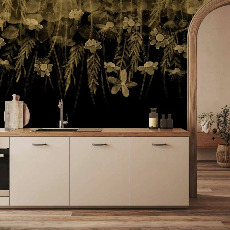 Fototapeta - Pejzaż natury - czarny abstrakcyjny motyw natury z kwiatami w sepii - obrazek 1