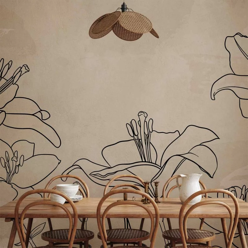 Fototapeta - Szkic natury - minimalistyczny lineart z kwiatami lilii na beżowym tle - obrazek 1