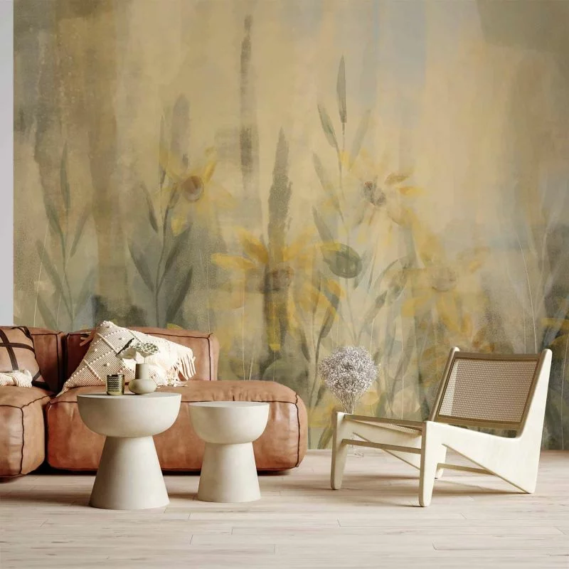 Fototapeta - Muśnięcie latem - motyw roślinny z łąką pełną żółtych kwiatów i traw - obrazek 1