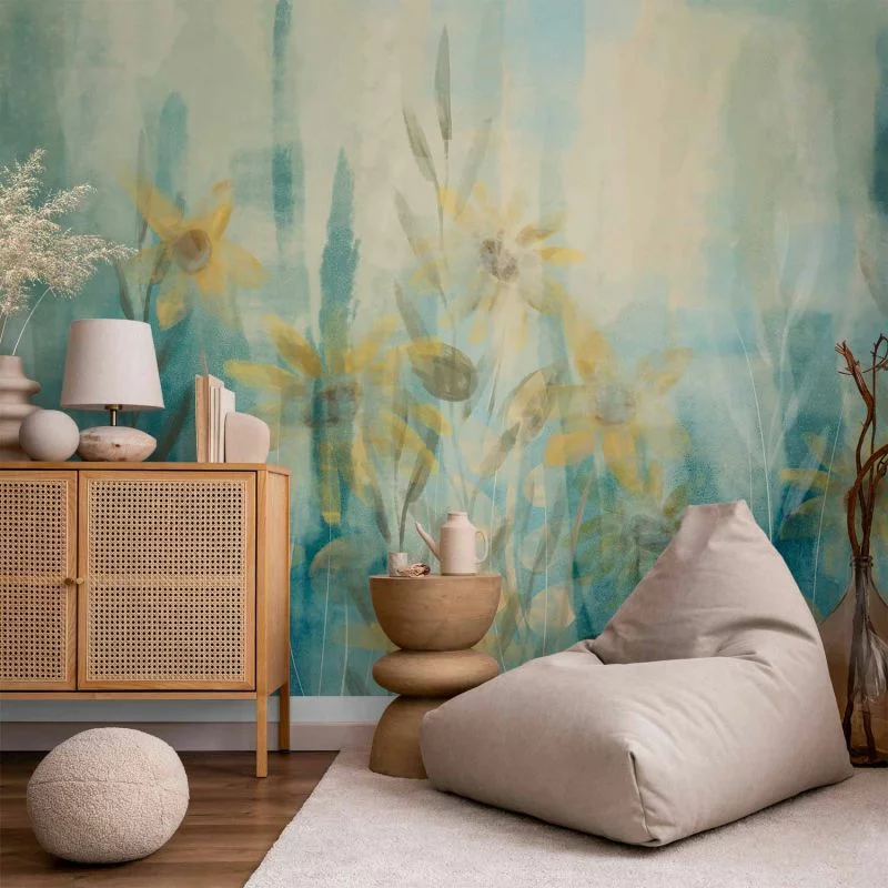 Fototapeta - Muśnięcie latem - motyw roślinny z łąką kwiatów w niebieskich tonach - obrazek 1