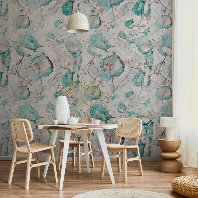 Fototapeta - Jesienne pamiątki - deseń z roślinnym motywem z turkusowymi liśćmi - obrazek 1