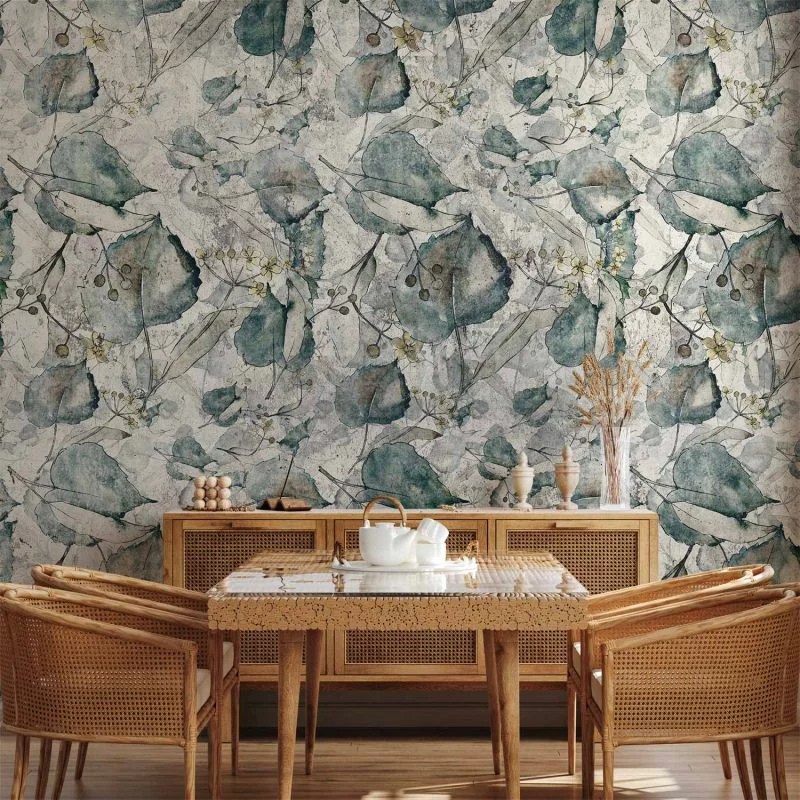 Fototapeta - Jesienne pamiątki - chłodny szary deseń z roślinnym motywem z liśćmi - obrazek 1