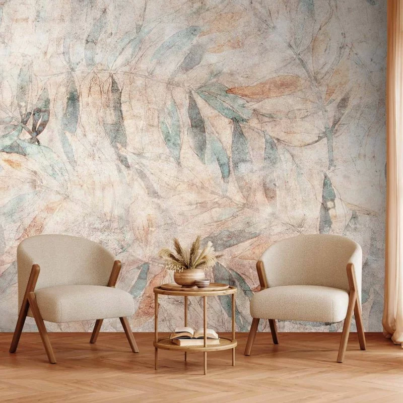 Fototapeta - Greckie laury - wyblakła kompozycja z liśćmi na beżowym tle w desenie - obrazek 1