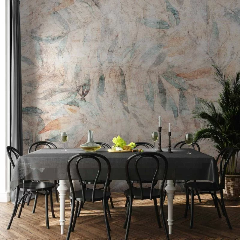 Fototapeta - Greckie laury - wyblakła kompozycja z liśćmi na beżowym tle w desenie - obrazek 1